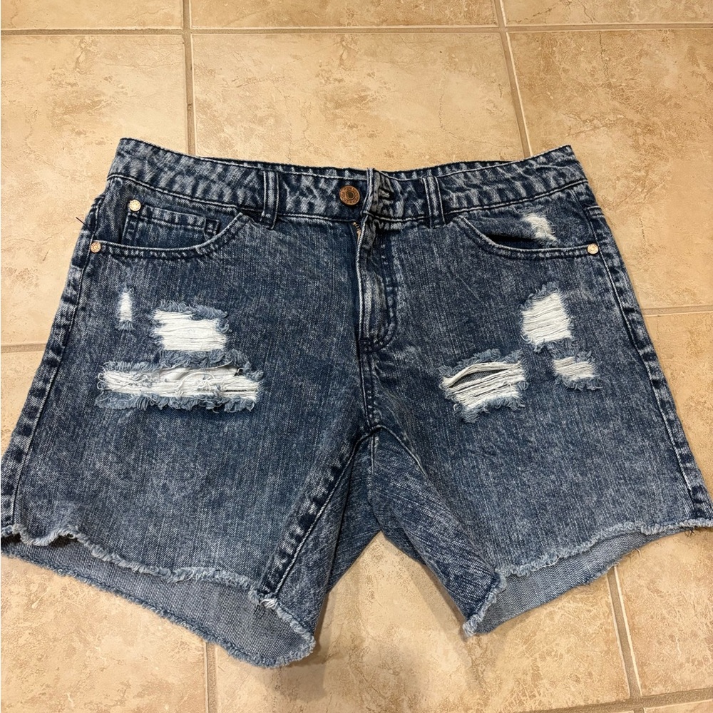 refuge Distressed Dark Blue Denim Jean Shorts
